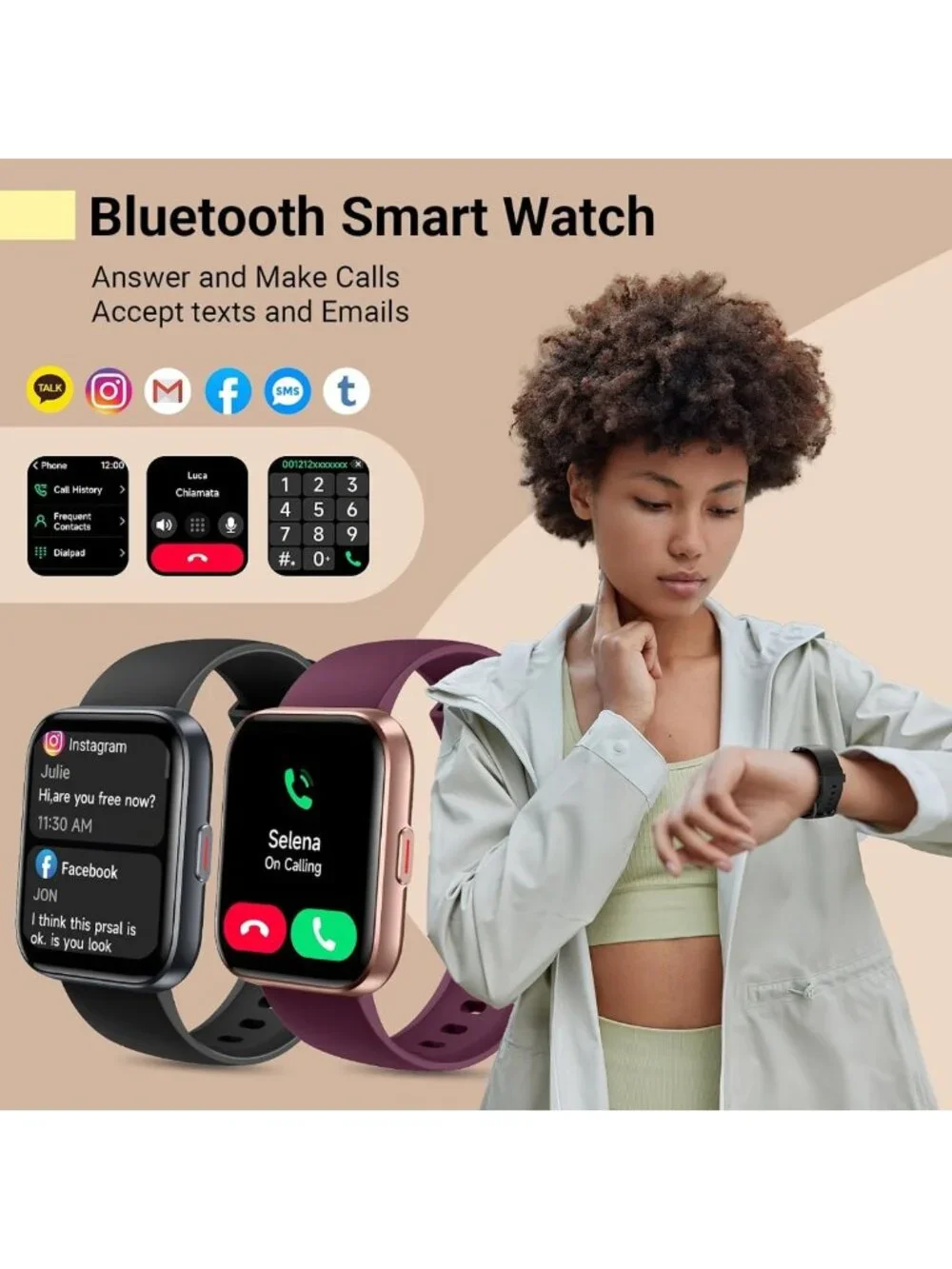 Stylish 1.8'' Fitness Tracker Smartwatch for All, Waterproof, Heart Rate